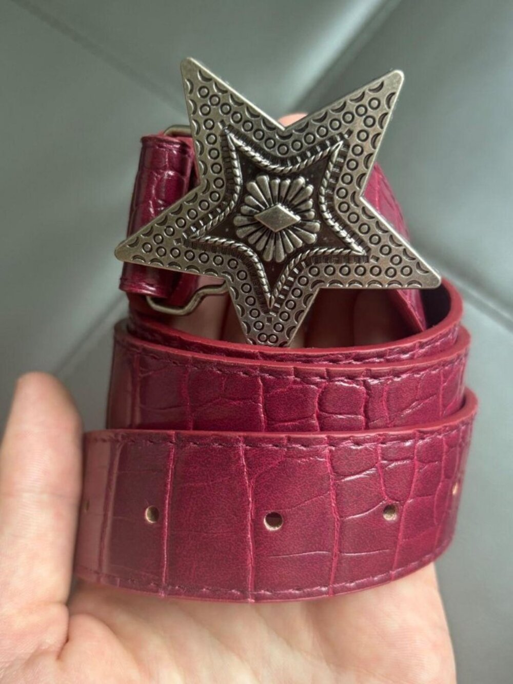 Y2K Burgundy Croc Embossed Star Buckle Belt Western Grunge Statement OS